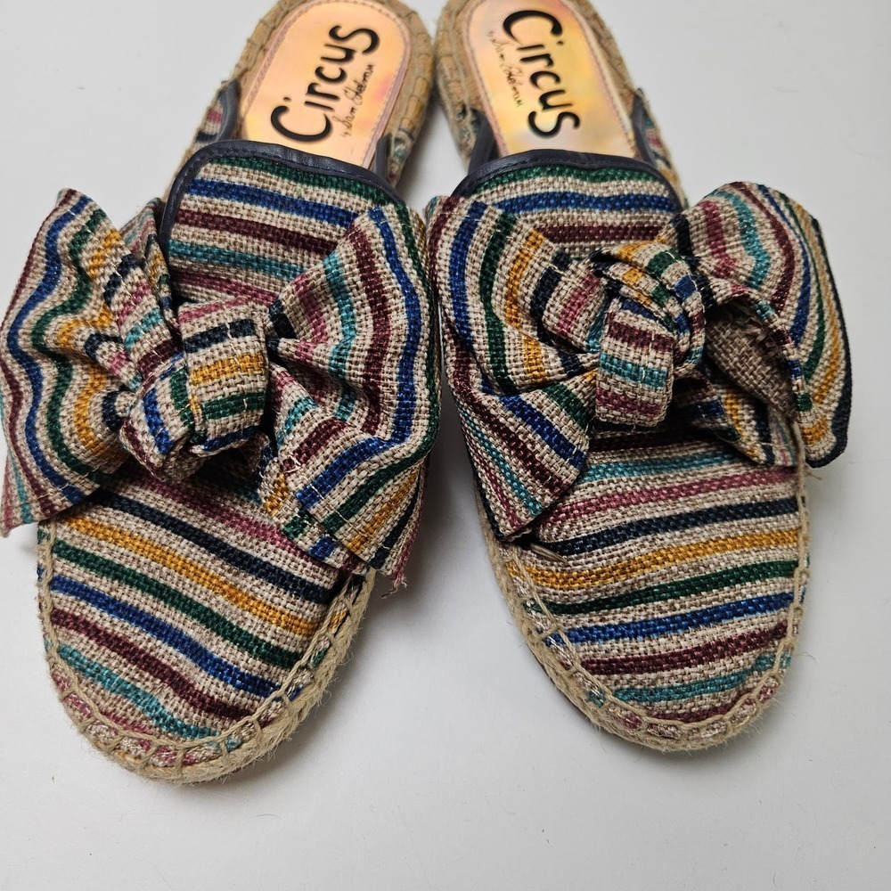 Circus Sam Edelman Lulu Rainbow Stripe Big Bow Canvas Mules 7 Taupe Espadrilles - Picture 3 of 8